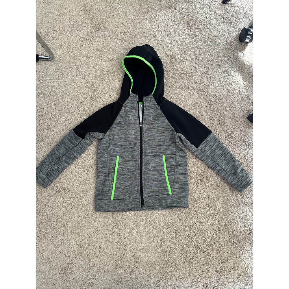 old navy active gray/black/neon green zip up hooded sweatshirt, size small 6/7